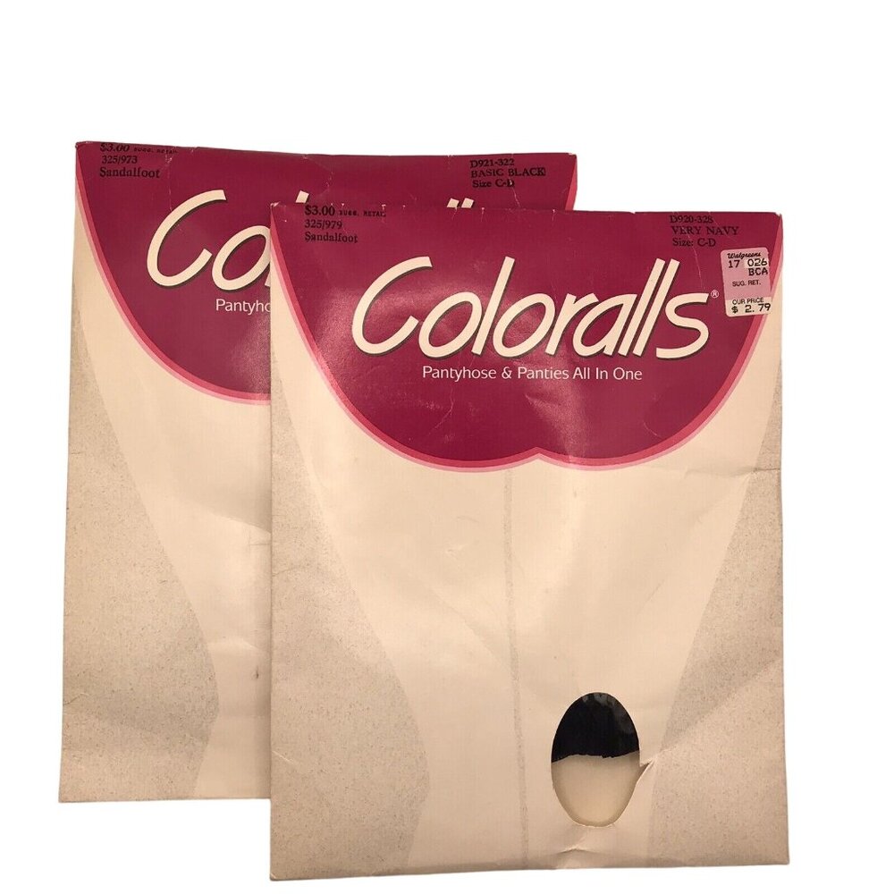 Vintage 1980s Coloralls Black Blue Pantie Pantyhose Sandalfoot Size C D New